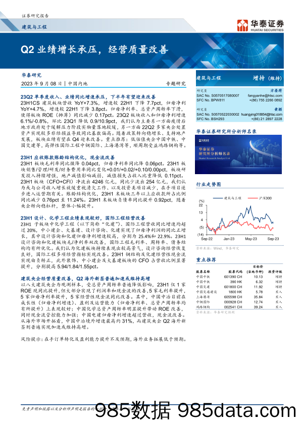 建筑与工程行业专题研究：Q2业绩增长承压，经营质量改善-20230908-华泰证券