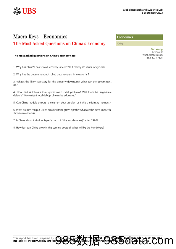 UBS Economics-Macro Keys – Economics _The Most Asked Questions on China’s ...-103782459