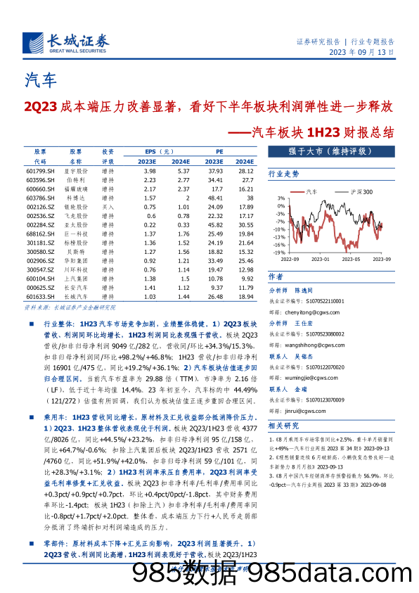 汽车行业板块1H23财报总结：2Q23成本端压力改善显著，看好下半年板块利润弹性进一步释放-20230913-长城证券