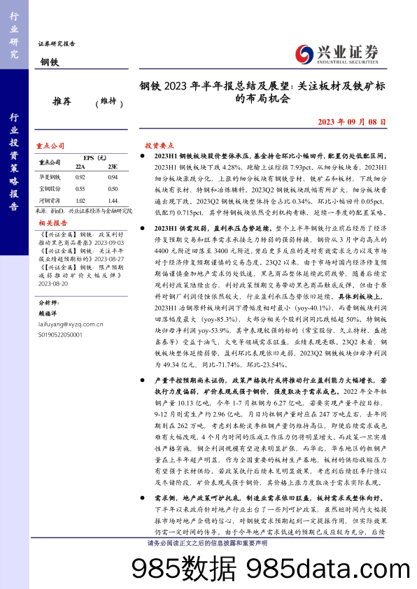 钢铁行业2023年半年报总结及展望：关注板材及铁矿标的布局机会-20230908-兴业证券