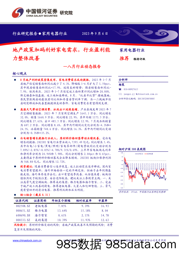 【家居家电研报】家用电器行业八月行业动态报告：地产政策加码利好家电需求，行业盈利能力整体改善-20230906-银河证券