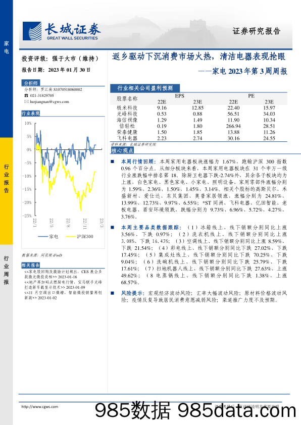 【家居家电研报】家电2023年第3周周报：返乡驱动下沉消费市场火热，清洁电器表现抢眼-20230130-长城证券