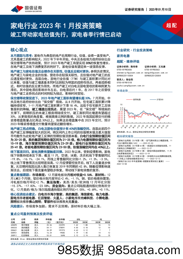 【家居家电研报】家电行业2023年1月投资策略：竣工带动家电估值先行，家电春季行情已启动-20230110-国信证券