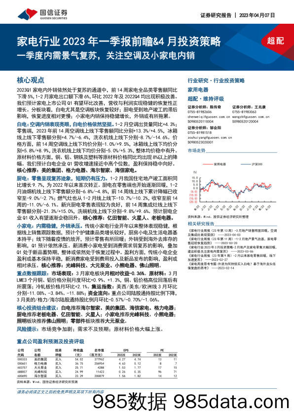 【家居家电研报】家电行业2023年一季报前瞻&4月投资策略：一季度内需景气复苏，关注空调及小家电内销-20230407-国信证券