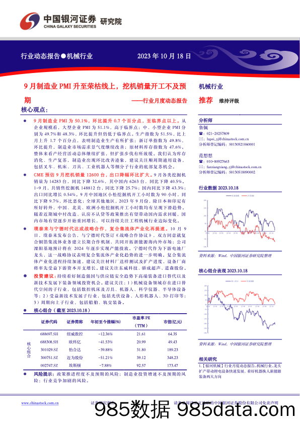 机械行业月度动态报告：9月制造业PMI升至荣枯线上，挖机销量开工不及预期-20231018-银河证券