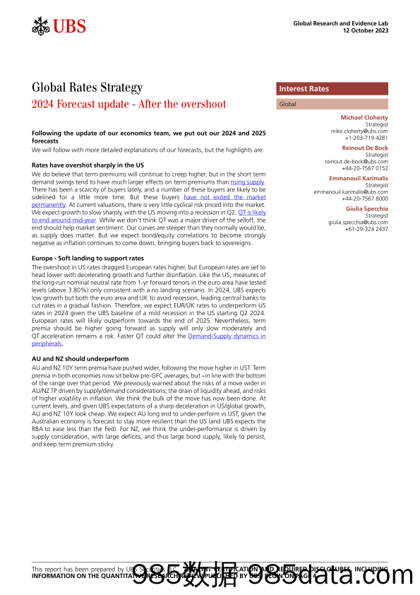 UBS Fixed Income-Global Rates Strategy _2024 Forecast update - After the over...-104339384