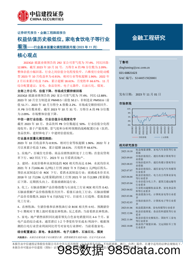 行业基本面量化模型跟踪月报（2023年11月）：权益估值历史极低位，家电食饮电子等行业看涨-20231101-中信建投