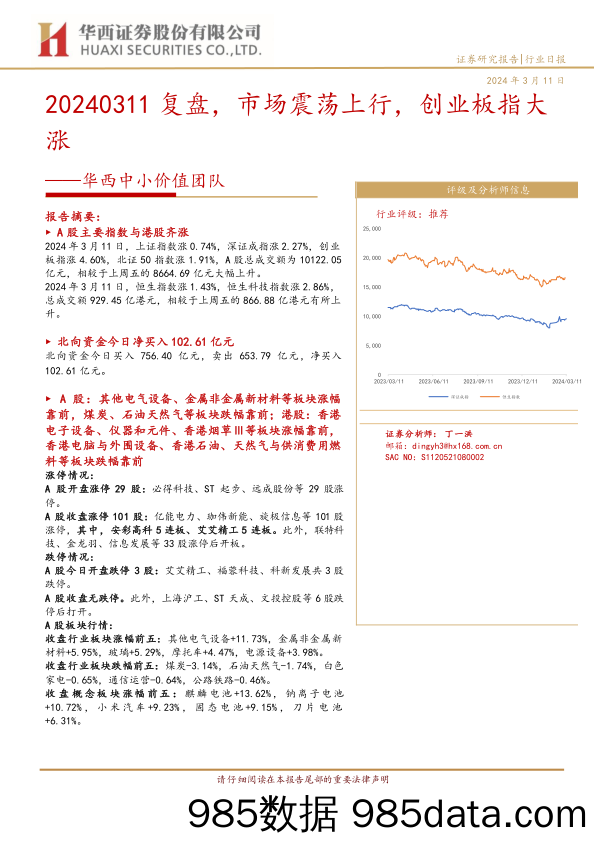 华西中小价值团队：20240311复盘，市场震荡上行，创业板指大涨-240311-华西证券