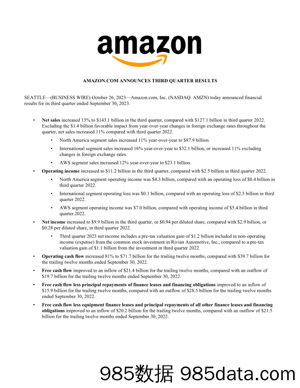 亚马逊公布2023年第三季度业绩AMZN-Q3-2023-Earnings-Release-英