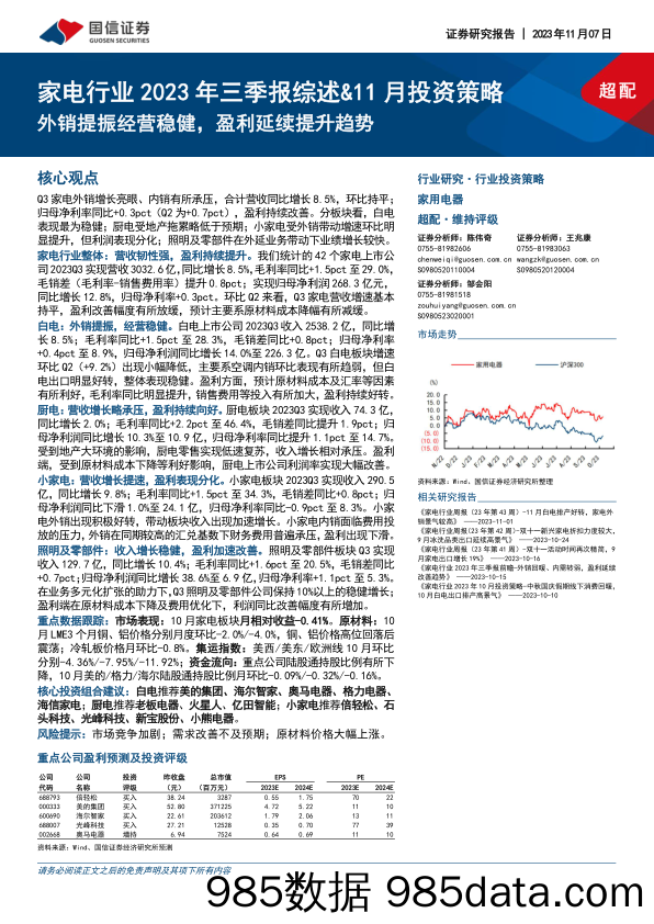 家电行业2023年三季报综述&11月投资策略：外销提振经营稳健，盈利延续提升趋势-20231107-国信证券