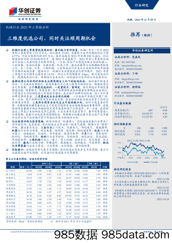 机械行业2023年三季报分析：三维度优选公司，同时关注顺周期机会-20231109-华创证券