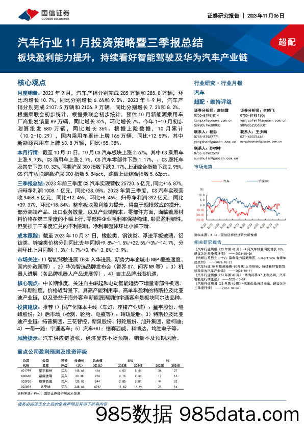 汽车行业11月投资策略暨三季报总结：板块盈利能力提升，持续看好智能驾驶及华为汽车产业链-20231106-国信证券