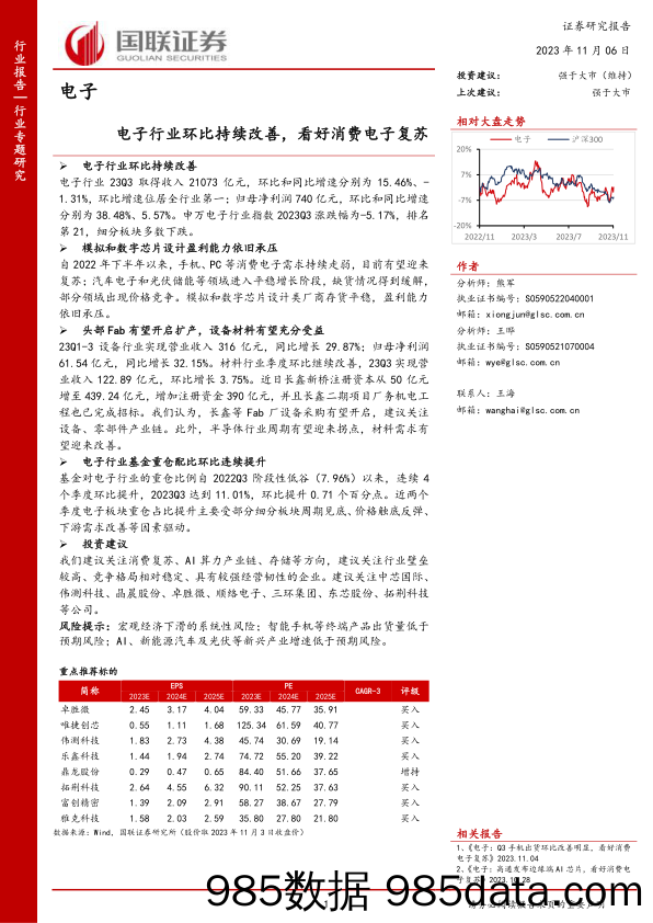 电子行业：电子行业环比持续改善，看好消费电子复苏-20231106-国联证券