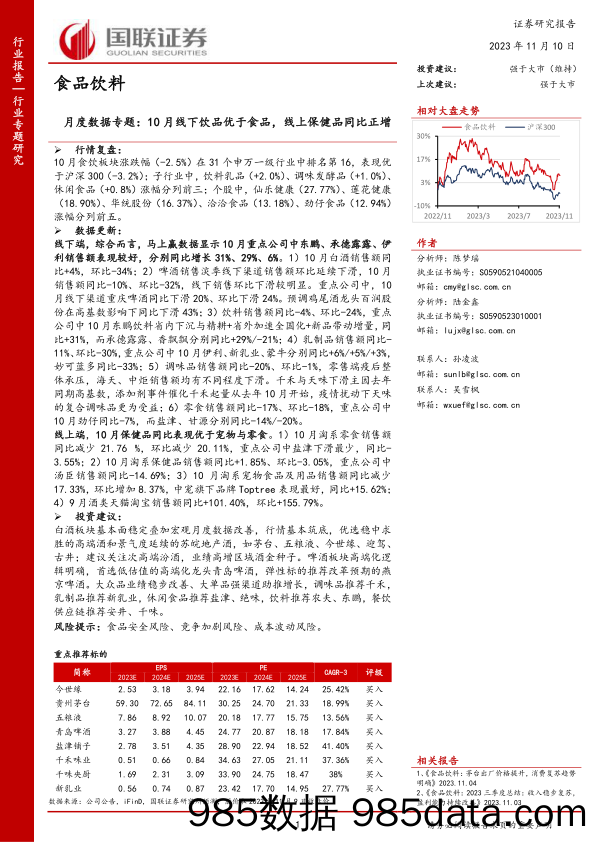 食品饮料行业月度数据专题：10月线下饮品优于食品，线上保健品同比正增-20231110-国联证券