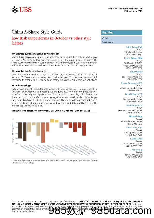 UBS Equities-China A-Share Style Guide _Low Risk outperforms in October v...-104752541