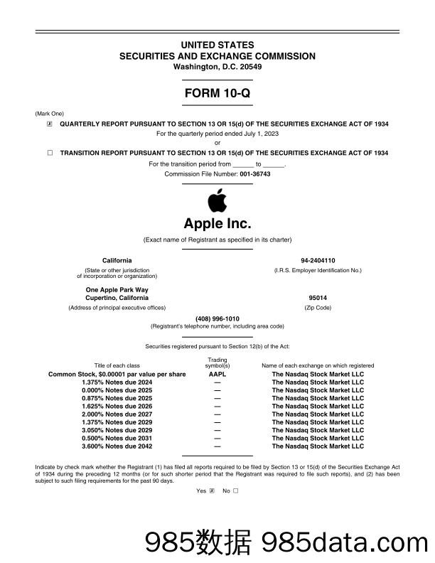 苹果2023年第三季度公司财报FORM 10-Q-英