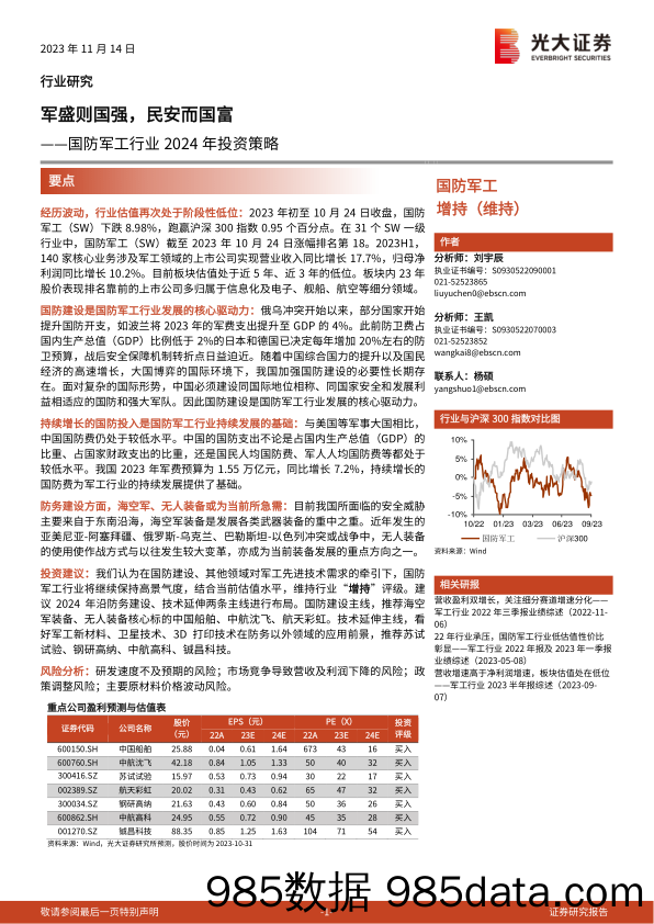 国防军工行业2024年投资策略：军盛则国强，民安而国富-20231114-光大证券