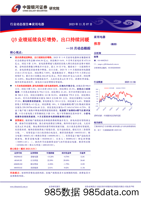 家用电器行业10月动态跟踪：Q3业绩延续良好增势，出口持续回暖-20231107-银河证券