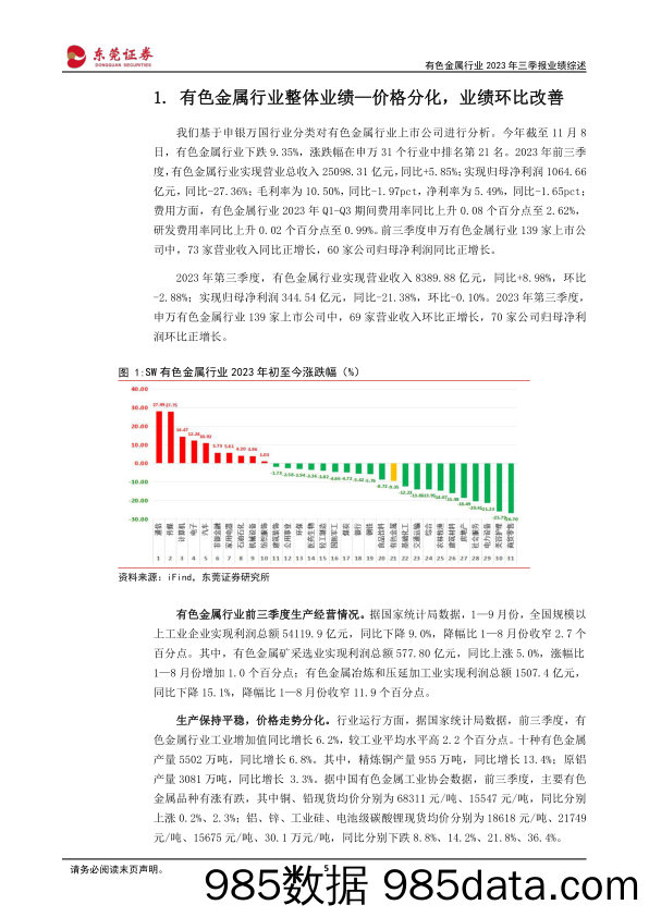 有色金属行业2023年三季报业绩综述：工业金属及小金属业绩环比改善，行业需求逐步回暖-20231110-东莞证券插图4