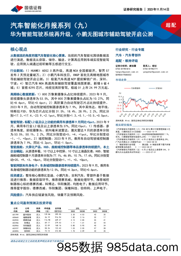 汽车行业智能化月报系列（九）：华为智能驾驶系统再升级，小鹏无图城市辅助驾驶开启公测-20231114-国信证券