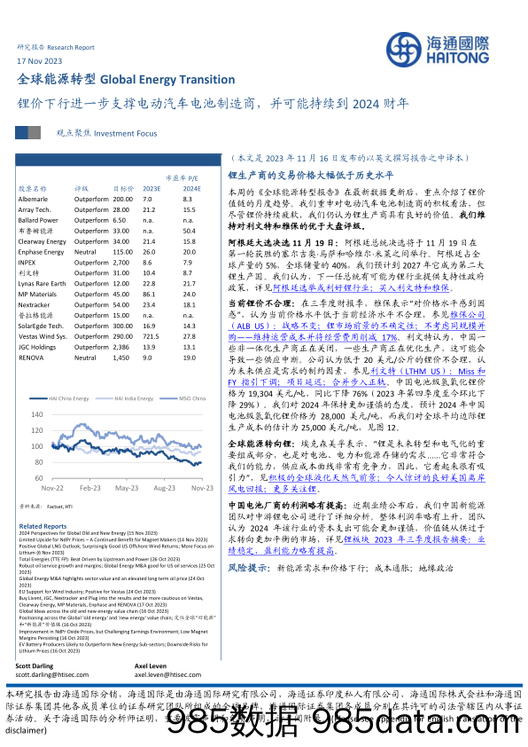 全球能源转型：锂价下行进一步支撑电动汽车电池制造商，并可能持续到2024财年-20231117-海通国际