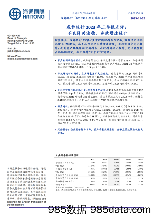 成都银行-601838.SH-成都银行2023年三季报点评：不良降关注稳，存款增速提升-20231123-海通国际