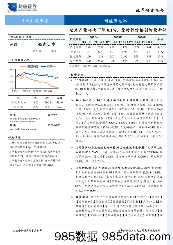 新能源电池行业月度点评：电池产量环比下降0.1%，原材料价格创阶段新低-20231115-财信证券