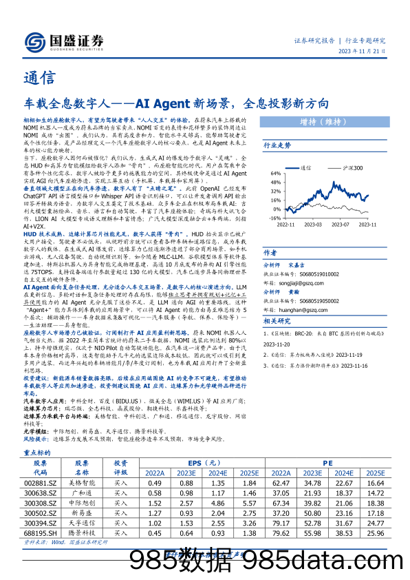 通信行业专题研究：车载全息数字人——AI Agent新场景，全息投影新方向-20231121-国盛证券