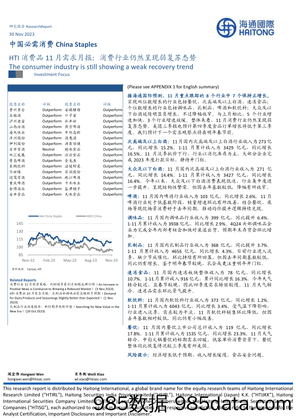 HTI消费品11月需求月报：消费行业仍然呈现弱复苏态势-20231130-海通国际