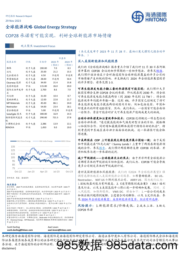 全球能源战略：COP28承诺有可能实现，利好全球新能源市场情绪-20231129-海通国际