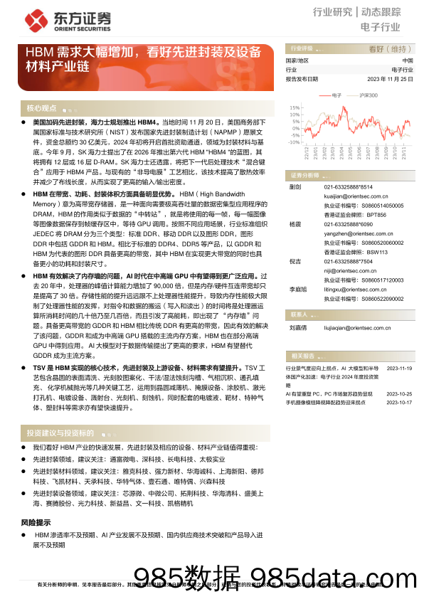 电子行业：HBM需求大幅增加，看好先进封装及设备材料产业链-20231125-东方证券插图