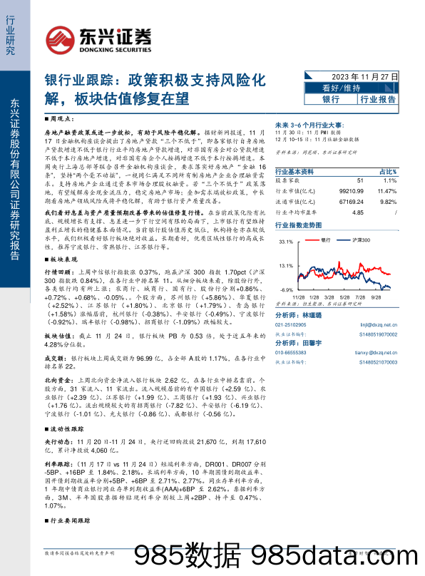 银行业跟踪：政策积极支持风险化解，板块估值修复在望-20231127-东兴证券