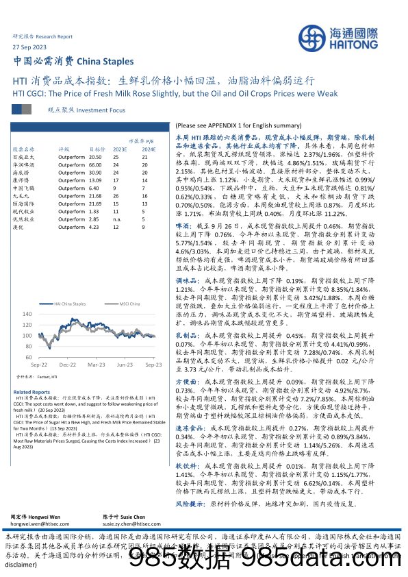 【生鲜预制菜市场报告】中国必需消费行业：HTI消费品成本指数，生鲜乳价格小幅回温，油脂油料偏弱运行-20230927-海通国际