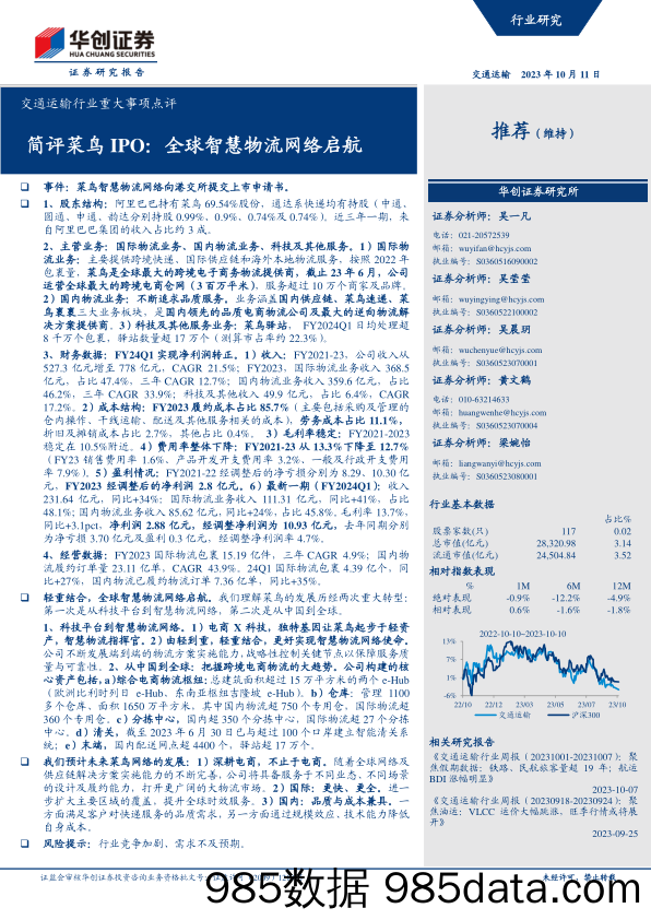 【生鲜预制菜市场报告】交通运输行业重大事项点评：简评菜鸟IPO，全球智慧物流网络启航-20231011-华创证券