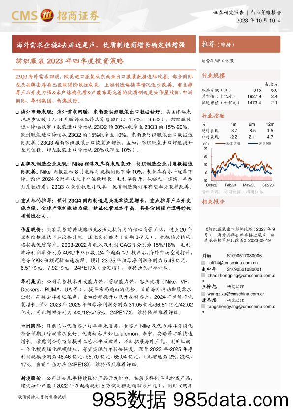 【服饰市场报告】纺织服装行业2023年四季度投资策略：海外需求企稳&去库近尾声，优质制造商增长确定性增强-20231010-招商证券