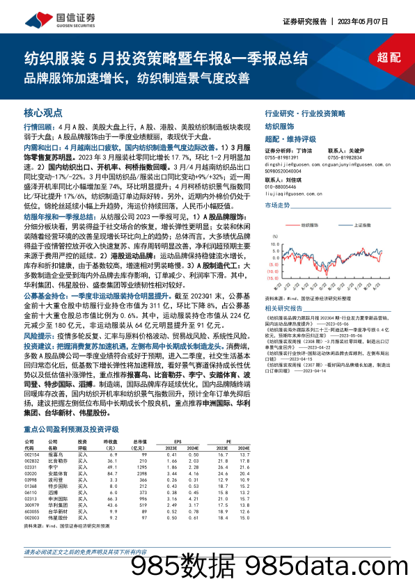 【服饰市场报告】纺织服装行业5月投资策略暨年报&一季报总结：品牌服饰加速增长，纺织制造景气度改善-20230507-国信证券