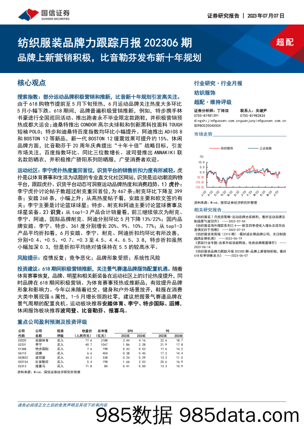 【服饰市场报告】纺织服装行业品牌力跟踪月报202306期：品牌上新营销积极，比音勒芬发布新十年规划-20230707-国信证券