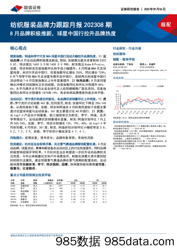 【服饰市场报告】纺织服装行业品牌力跟踪月报202308期：8月品牌积极推新，球星中国行拉升品牌热度-20230906-国信证券