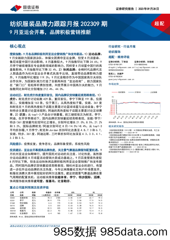 【服饰市场报告】纺织服装行业品牌力跟踪月报202309期：9月亚运会开幕，品牌积极营销推新-20230928-国信证券