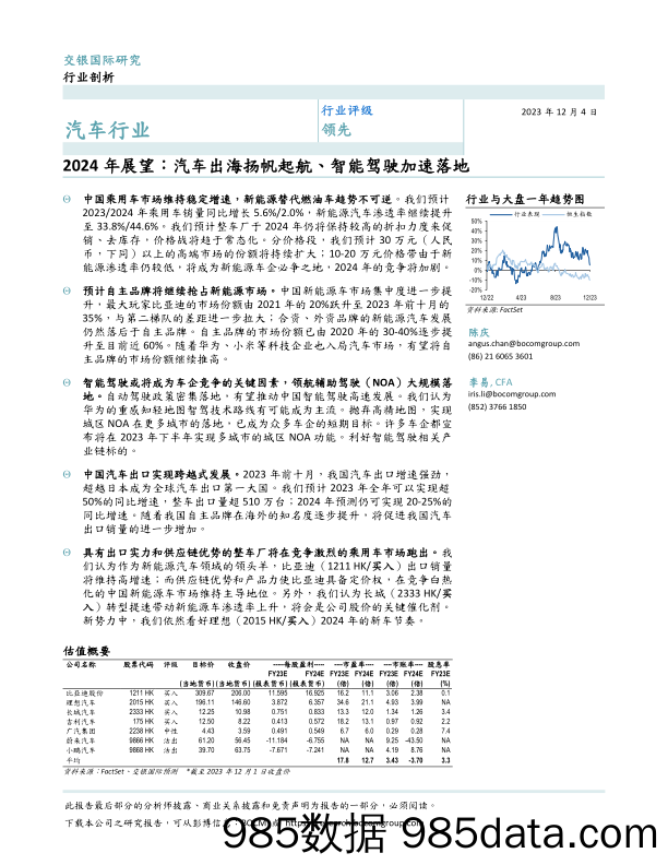 汽车行业：2024年展望：汽车出海扬帆起航、智能驾驶加速落地-20231204-交银国际证券