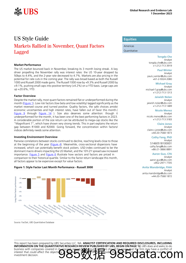 UBS Equities-US Style Guide _Markets Rallied in November, Quant Factors L...-105255789