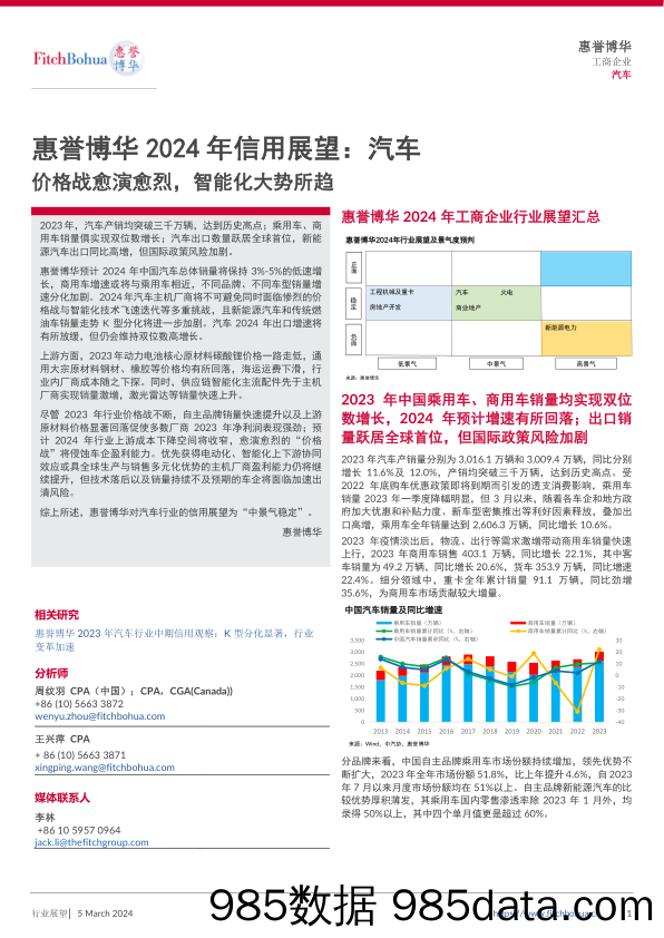 惠誉博华2024年信用展望：汽车