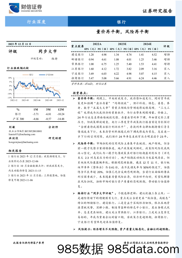 银行行业深度：量价再平衡，风险再平衡-20231211-财信证券