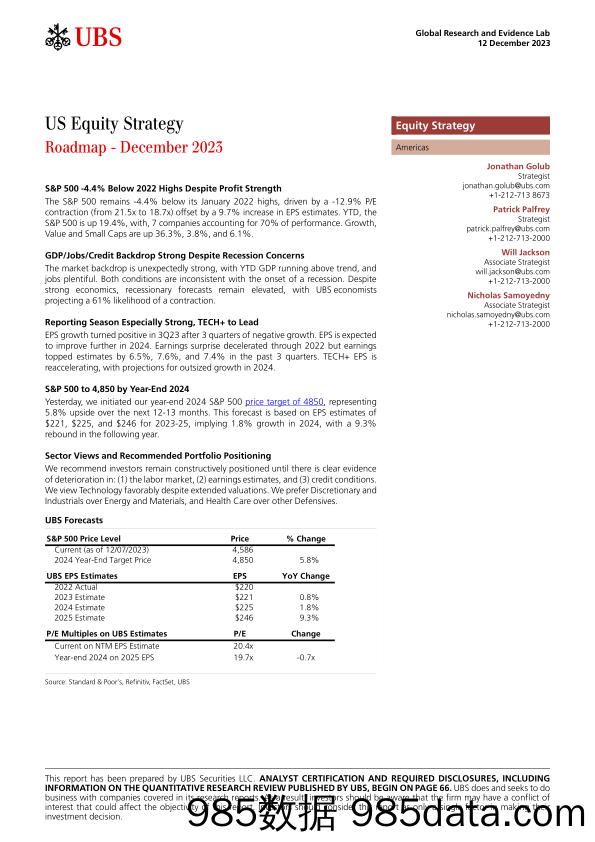 UBS Equities-US Equity Strategy _Roadmap - December 2023_ Golub-105422165