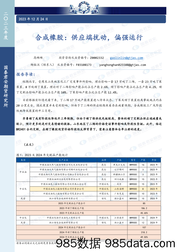 合成橡胶：供应端扰动，偏强运行-20231224-国泰期货