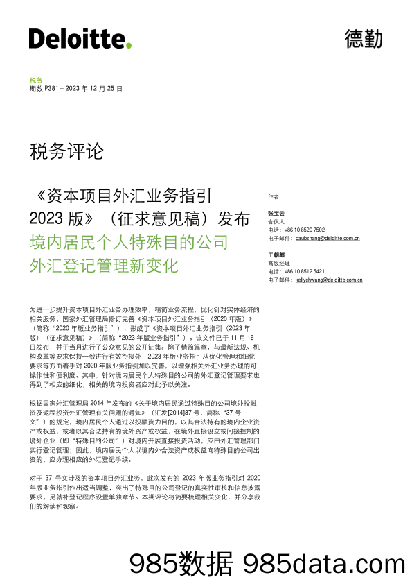 最新税务评论：资本项目外汇业务指引2023版-德勤