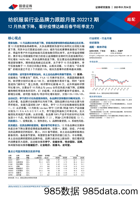 纺织服装行业品牌力跟踪月报202212期：12月热度下降，看好疫情达峰后春节旺季发力-20230104-国信证券