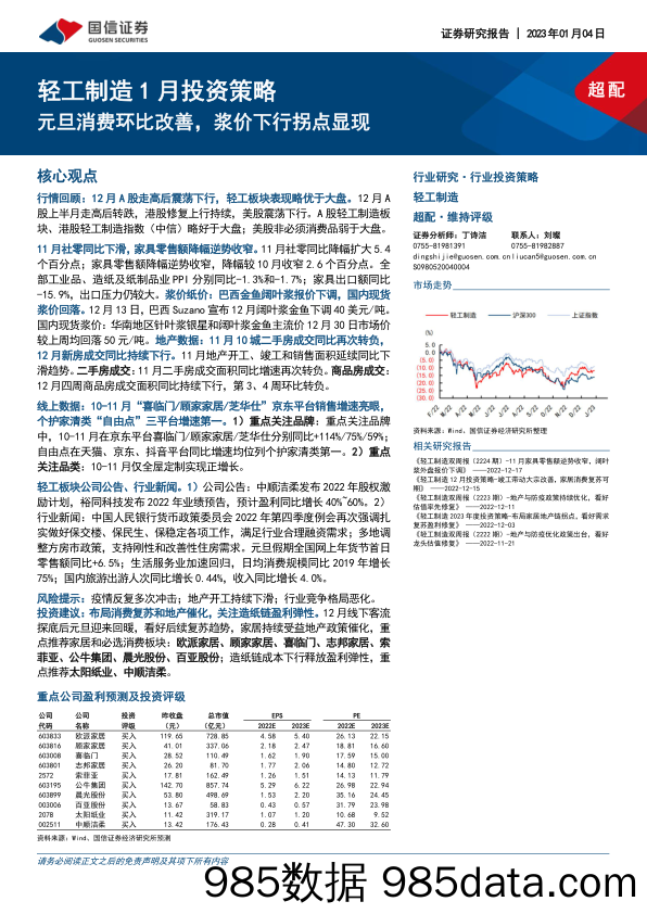 轻工制造行业1月投资策略：元旦消费环比改善，浆价下行拐点显现-20230104-国信证券