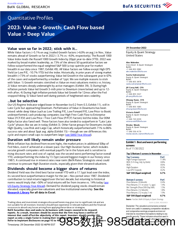 BofA Global Research-Quantitative Profiles 2023 Value  Growth; Cash Flow based插图