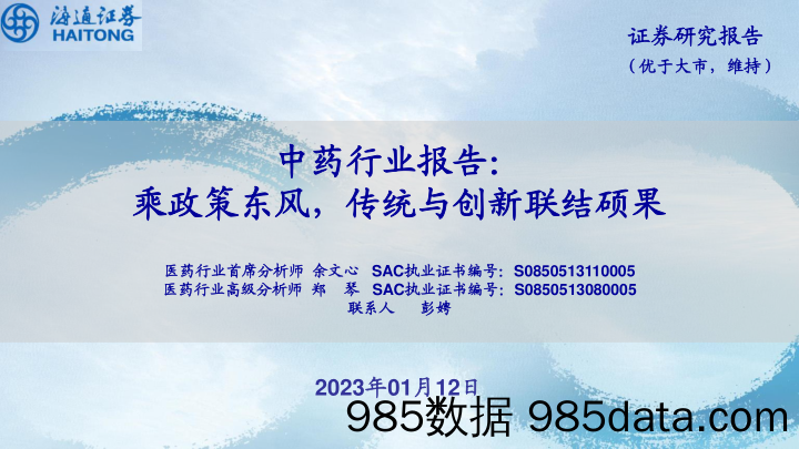 中药行业报告：乘政策东风，传统与创新联结硕果-20230112-海通证券